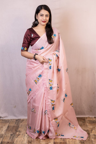 Image of Pink Kota Silk Parrot Embroidery Cutwork Border Saree