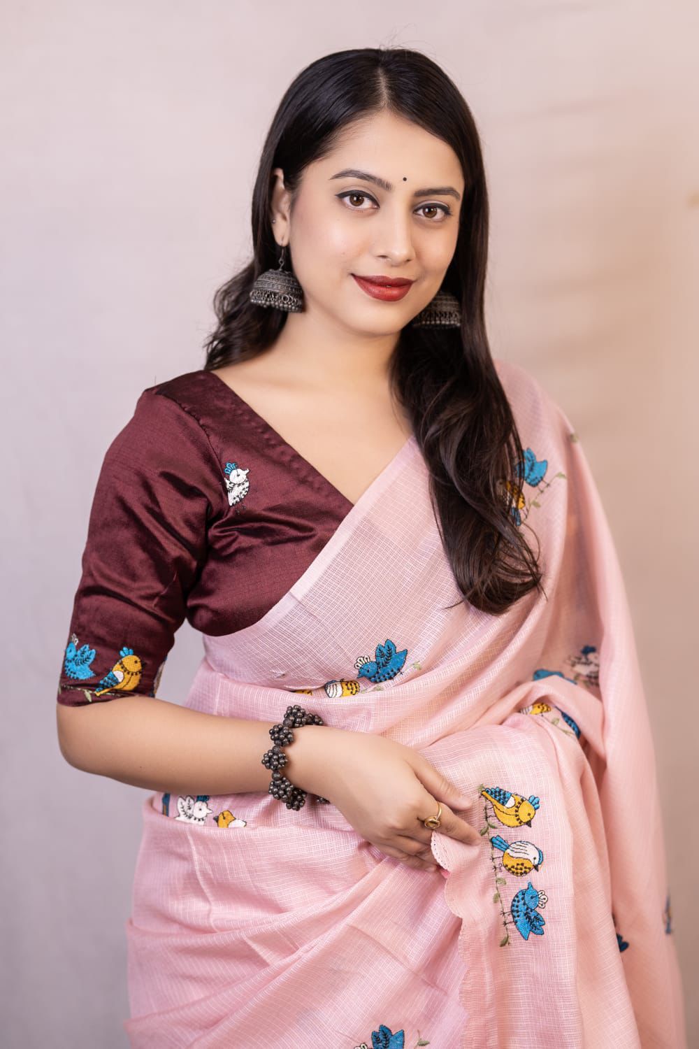 Pink Kota Silk Parrot Embroidery Cutwork Border Saree