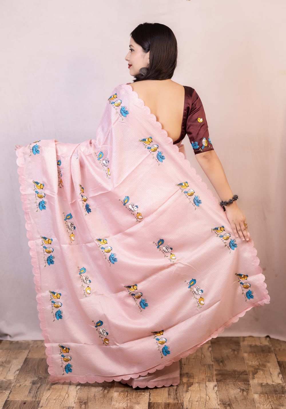 Pink Kota Silk Parrot Embroidery Cutwork Border Saree