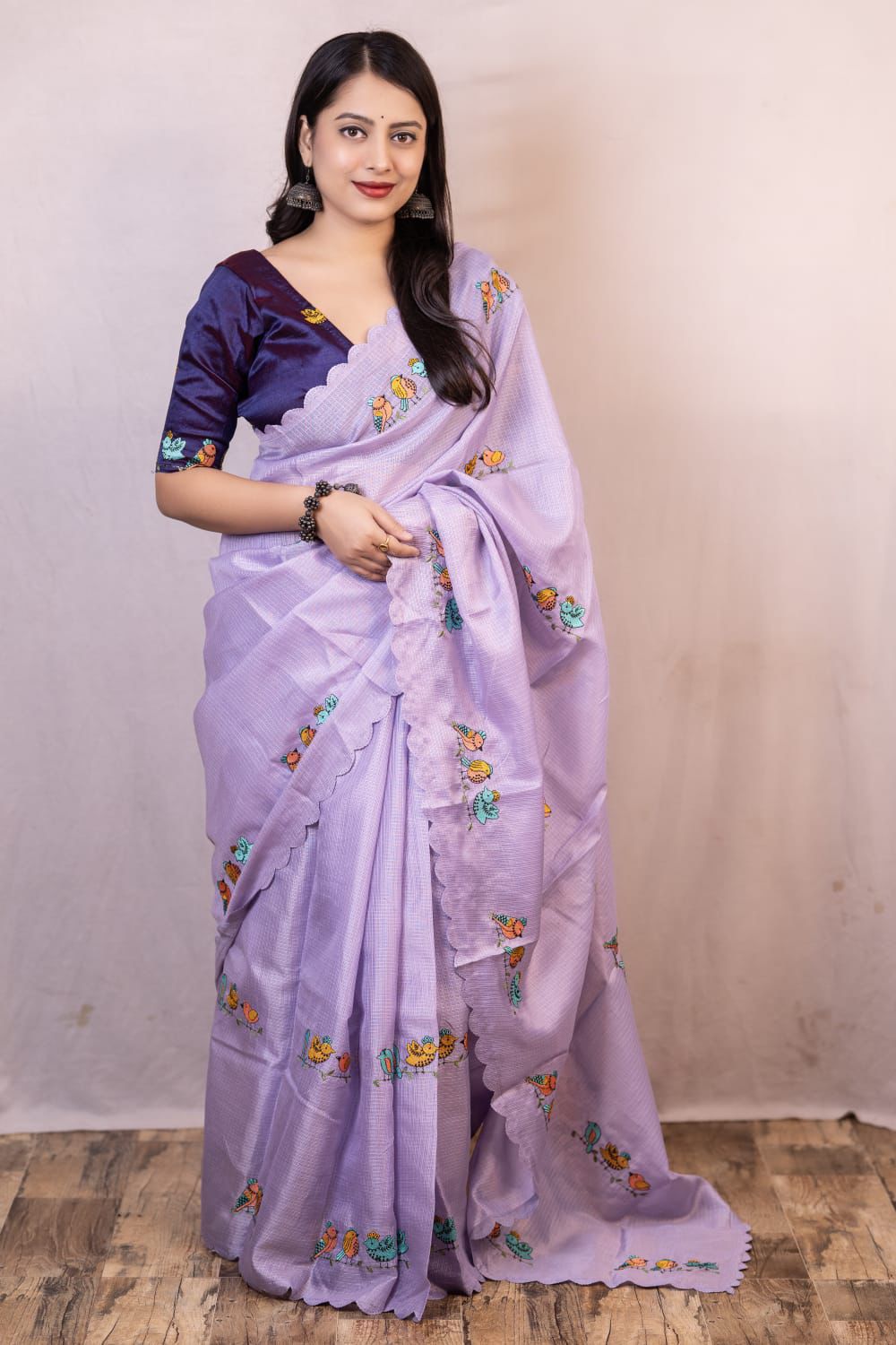 Lavender Kota Silk Parrot Embroidery Cutwork Border Saree