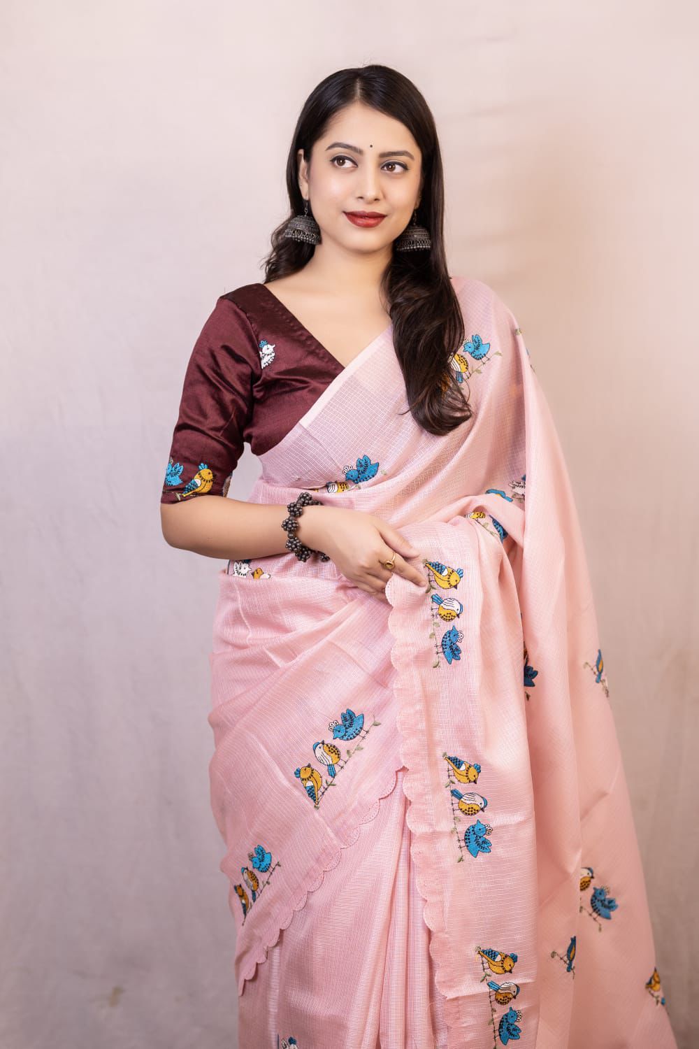Pink Kota Silk Parrot Embroidery Cutwork Border Saree