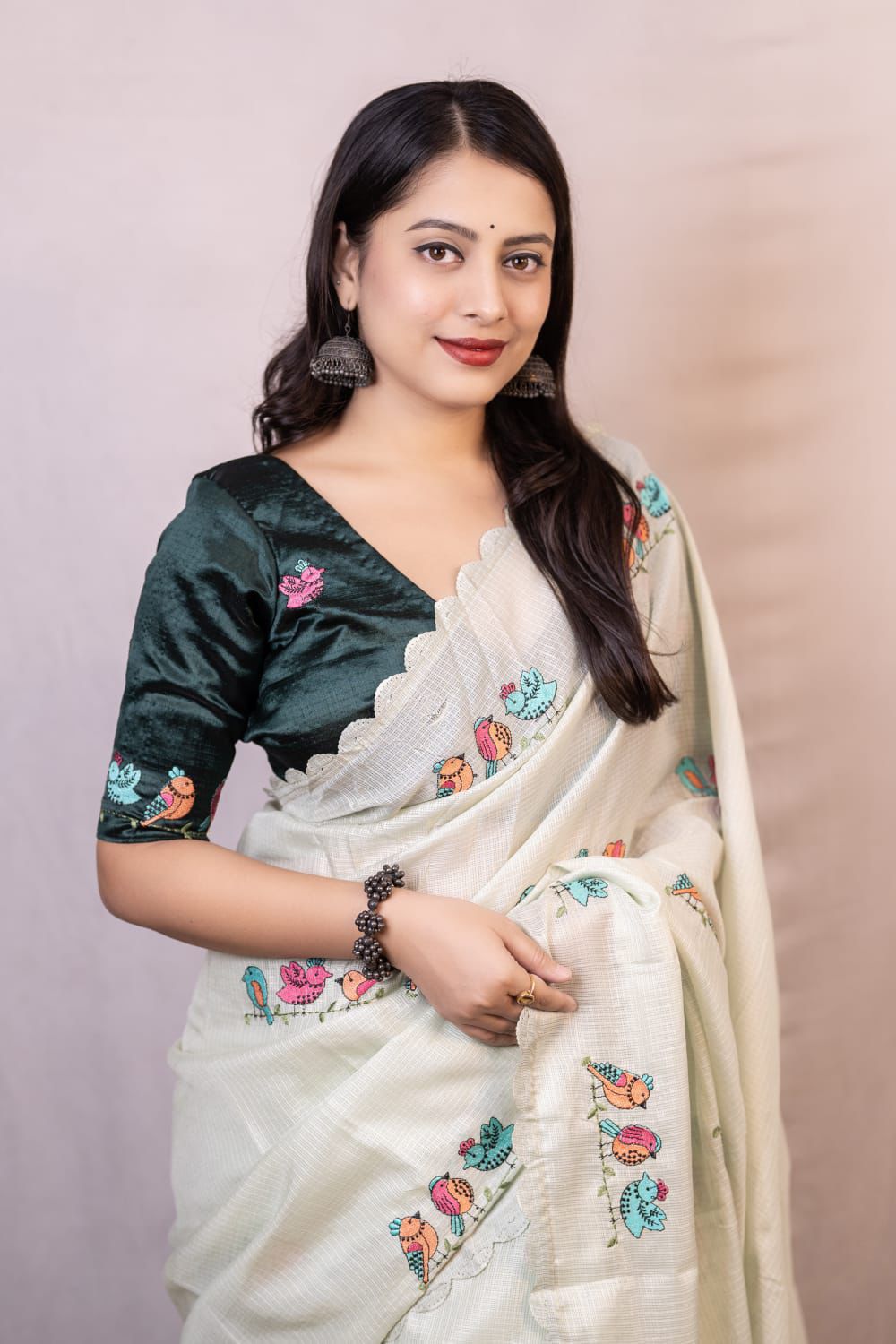 Beige Kota Silk Parrot Embroidery Cutwork Border Saree