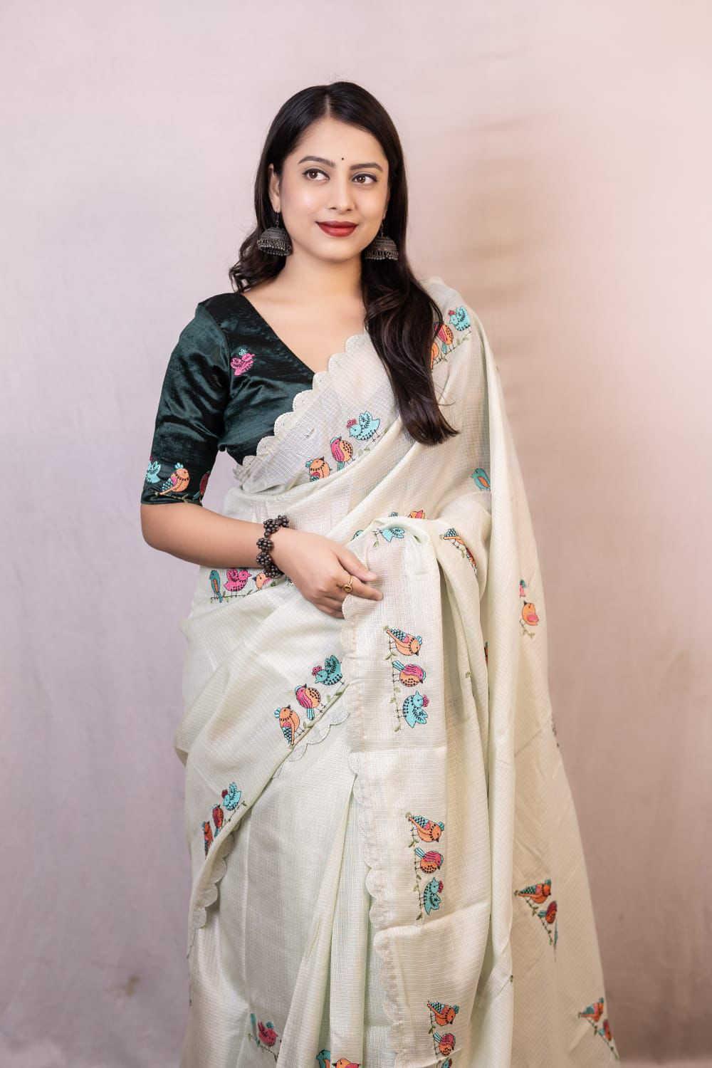 Beige Kota Silk Parrot Embroidery Cutwork Border Saree