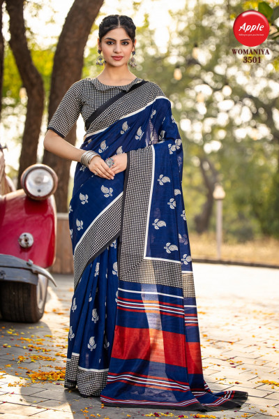 Image of Navy Blue Bhagalpuri Cotton Digital Printed Saree