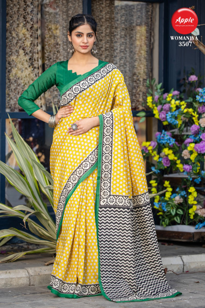 Image of Yellow Bhagalpuri Cotton Digital Printed Saree