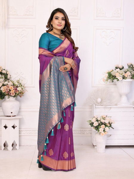 Image of Purple Pure Banarasi Silk All Over Zari Boota Weaved Rich Pallu Border Saree