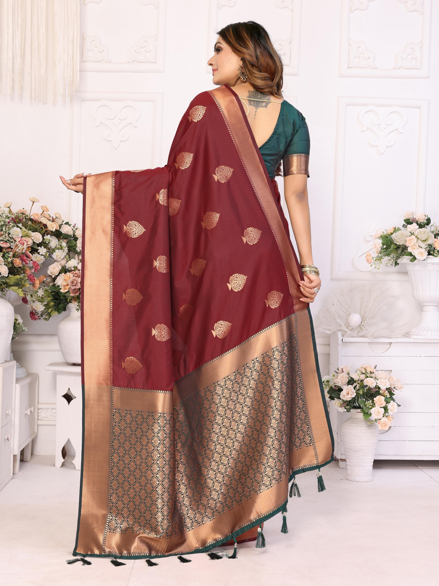 Maroon Pure Banarasi Silk All Over Zari Boota Weaved Rich Pallu Border Saree