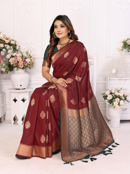 Image of Maroon Pure Banarasi Silk All Over Zari Boota Weaved Rich Pallu Border Saree