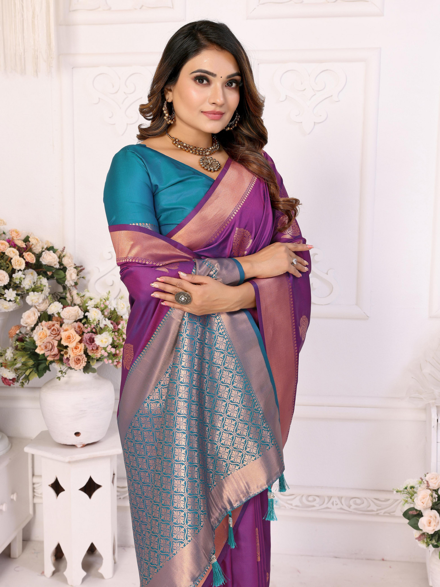 Purple Pure Banarasi Silk All Over Zari Boota Weaved Rich Pallu Border Saree