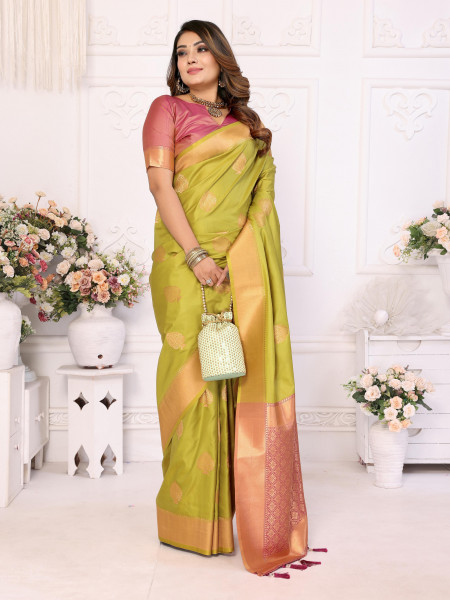 Image of Mehendi Green Pure Banarasi Silk All Over Zari Boota Weaved Rich Pallu Border Saree