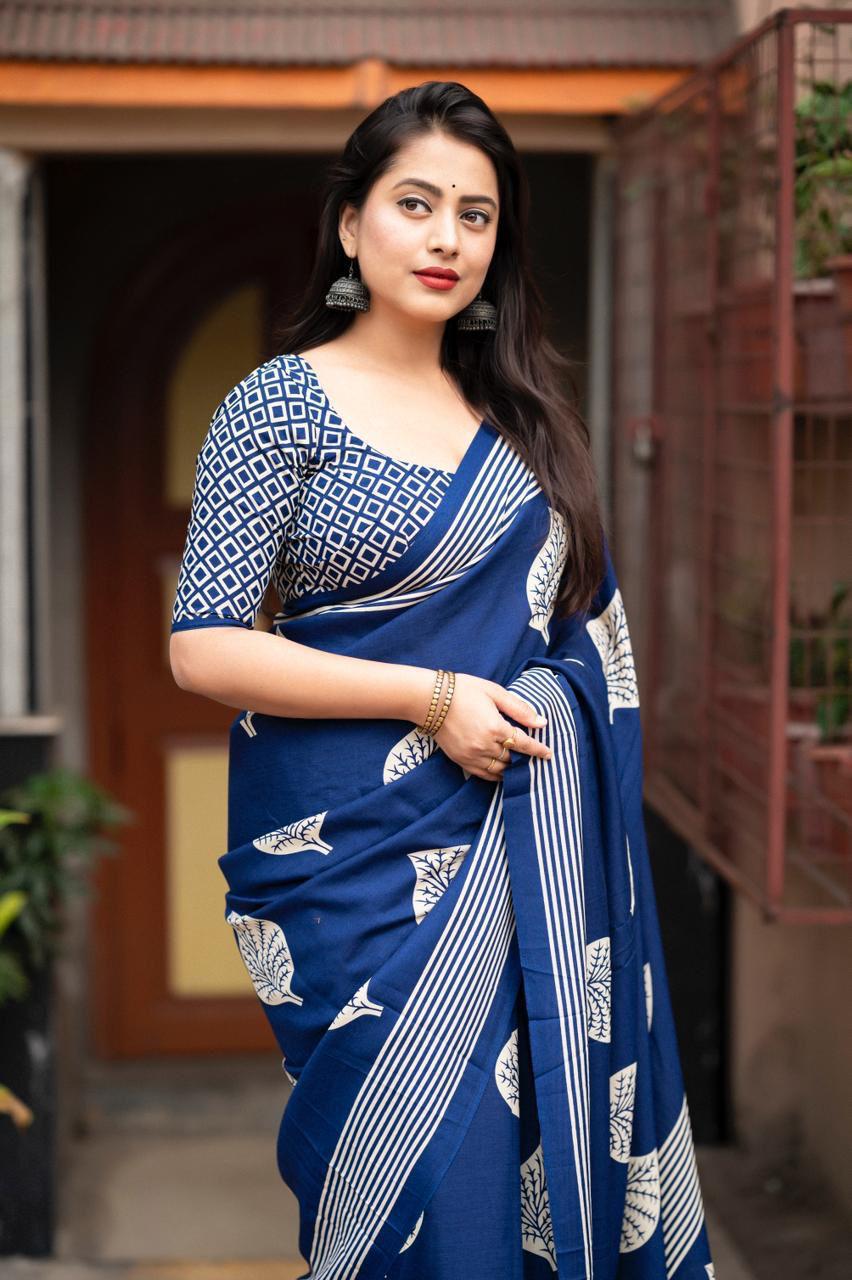 Navy Blue Soft Cotton Batik Printed Summer Wear Saree