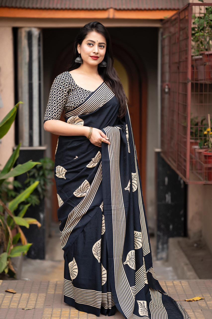Black Soft Cotton Batik Printed Summer Wear Saree