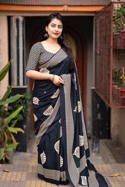 Image of Black Soft Cotton Batik Printed Summer Wear Saree