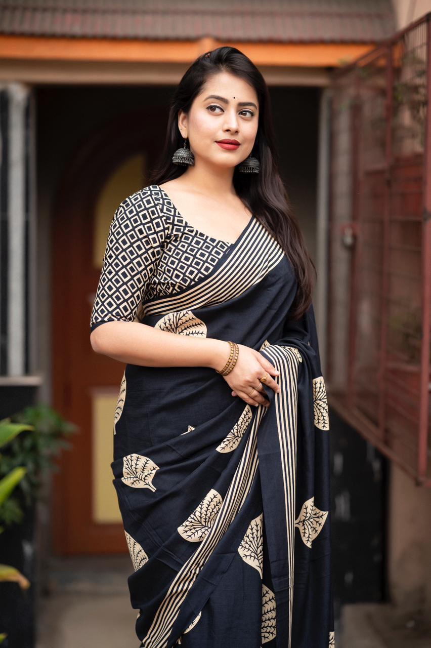 Black Soft Cotton Batik Printed Summer Wear Saree