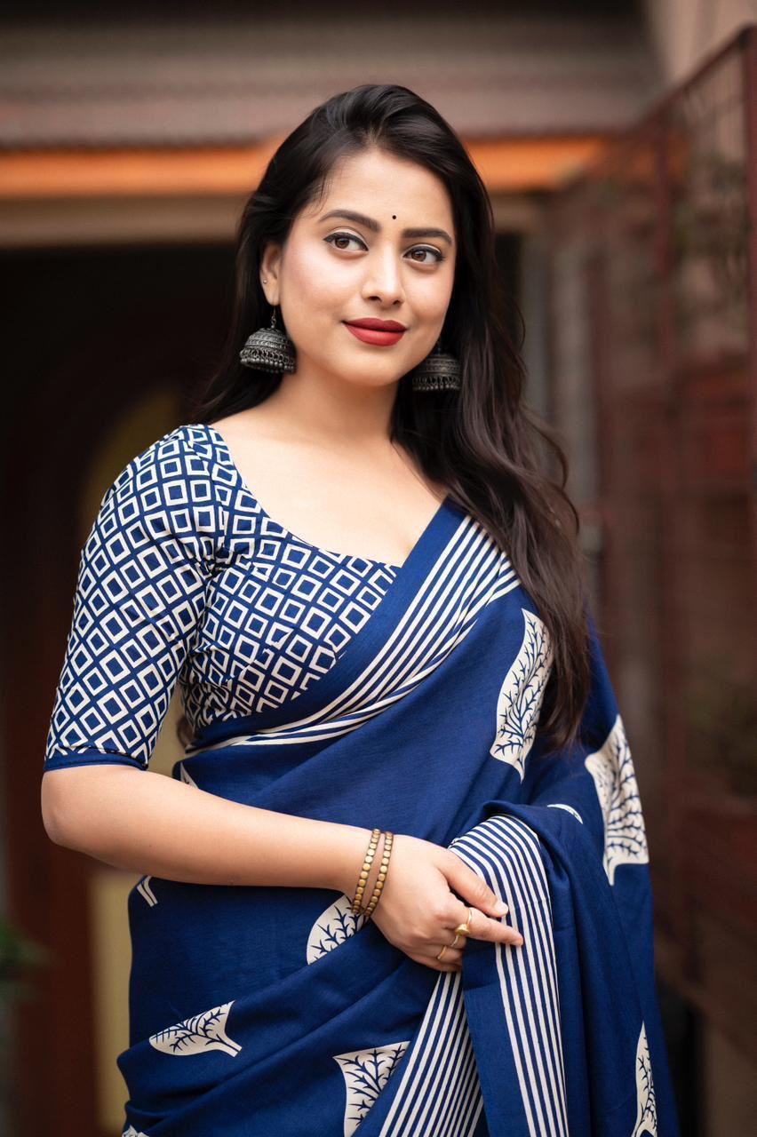 Navy Blue Soft Cotton Batik Printed Summer Wear Saree