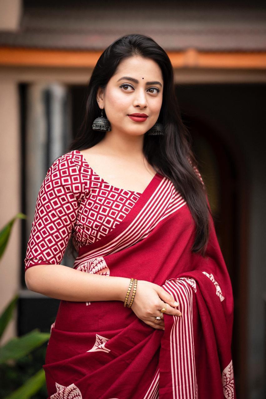 Maroon Soft Cotton Batik Printed Summer Wear Saree