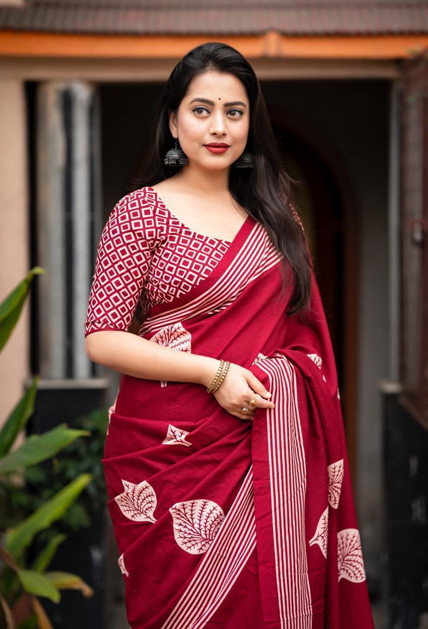 Maroon Soft Cotton Batik Printed Summer Wear Saree
