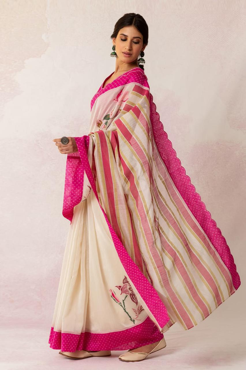 Beige Pure Linen Digital Printed With Contrast Raani Pallu Border Saree