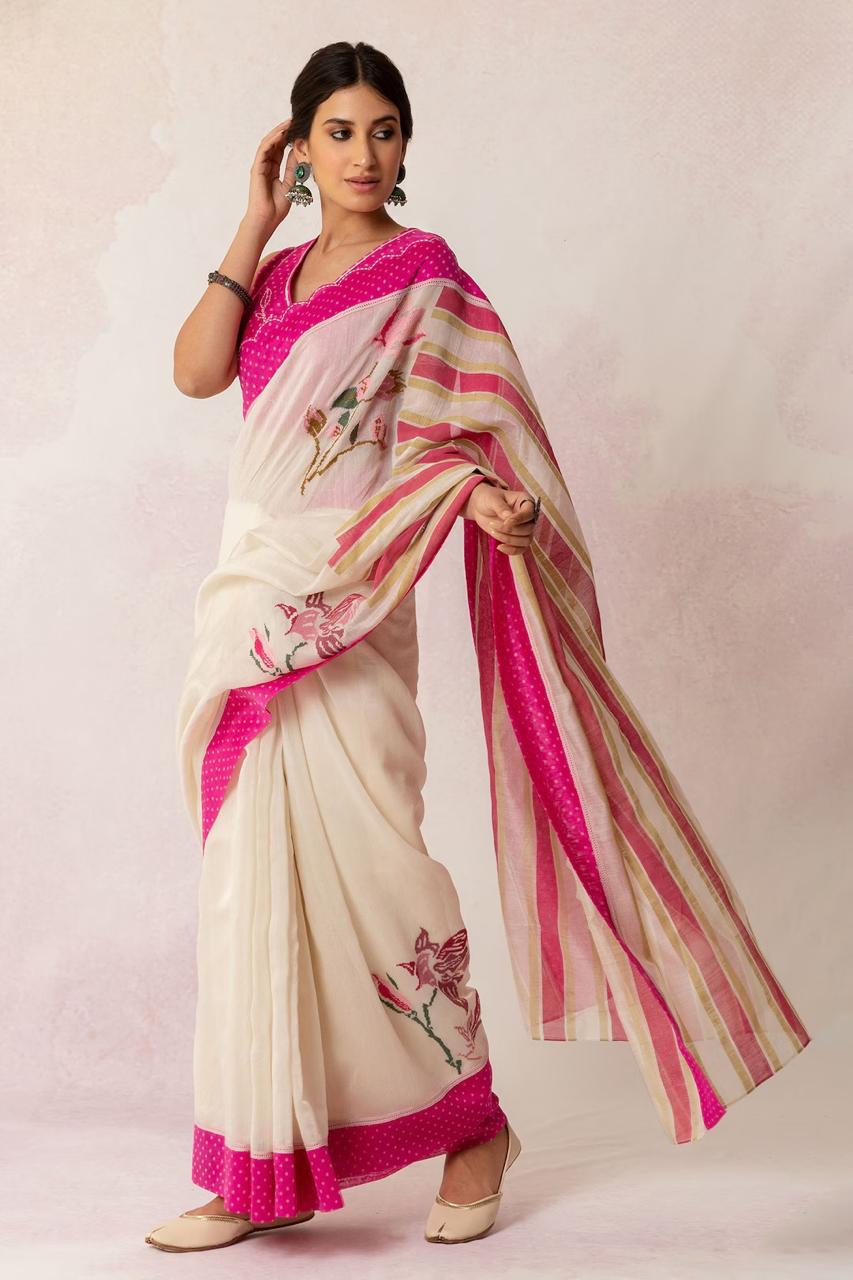 Beige Pure Linen Digital Printed With Contrast Raani Pallu Border Saree