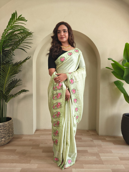 Image of Light Pistachio Tussar Silk Contrast Embroidered Pallu Border Saree