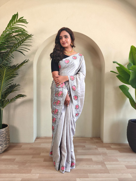 Image of Light Gray Tussar Silk Contrast Embroidered Pallu Border Saree