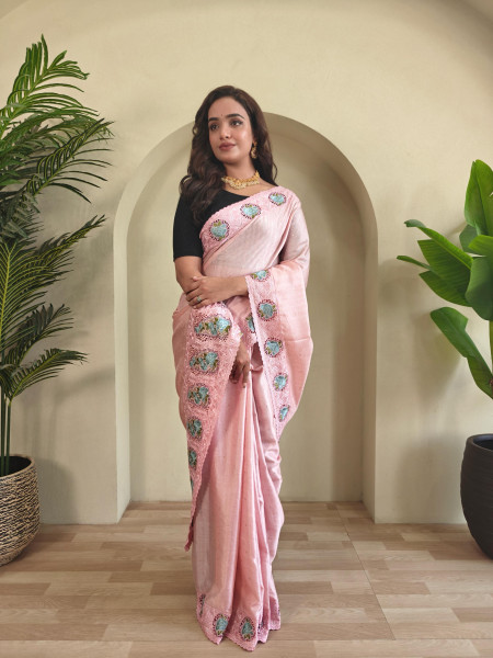 Image of Light Pink Tussar Silk Contrast Embroidered Pallu Border Saree