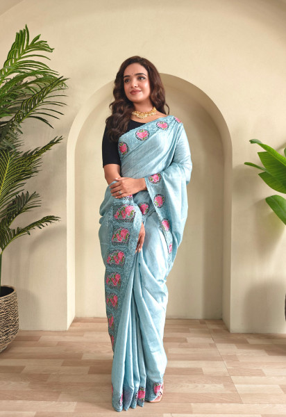 Image of Light Sky Blue Tussar Silk Contrast Embroidered Pallu Border Saree