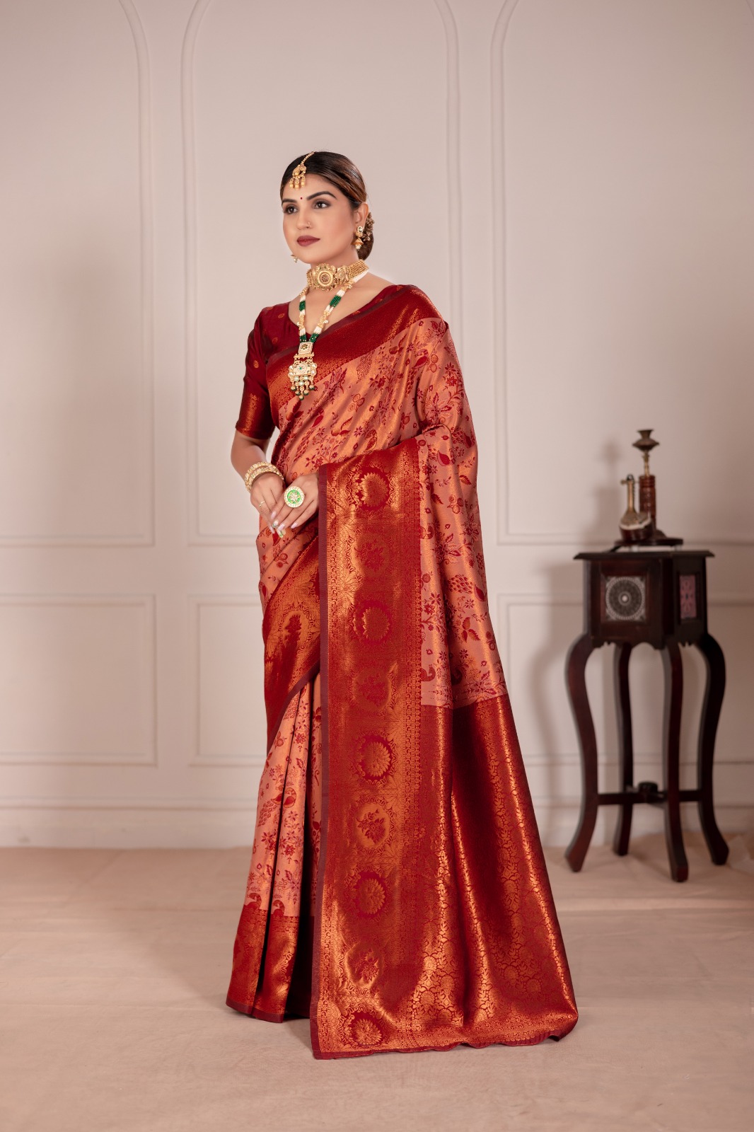 Pink Shaded Banarasi Silk Rich Copper Zari Weaved Body Pallu Border Saree