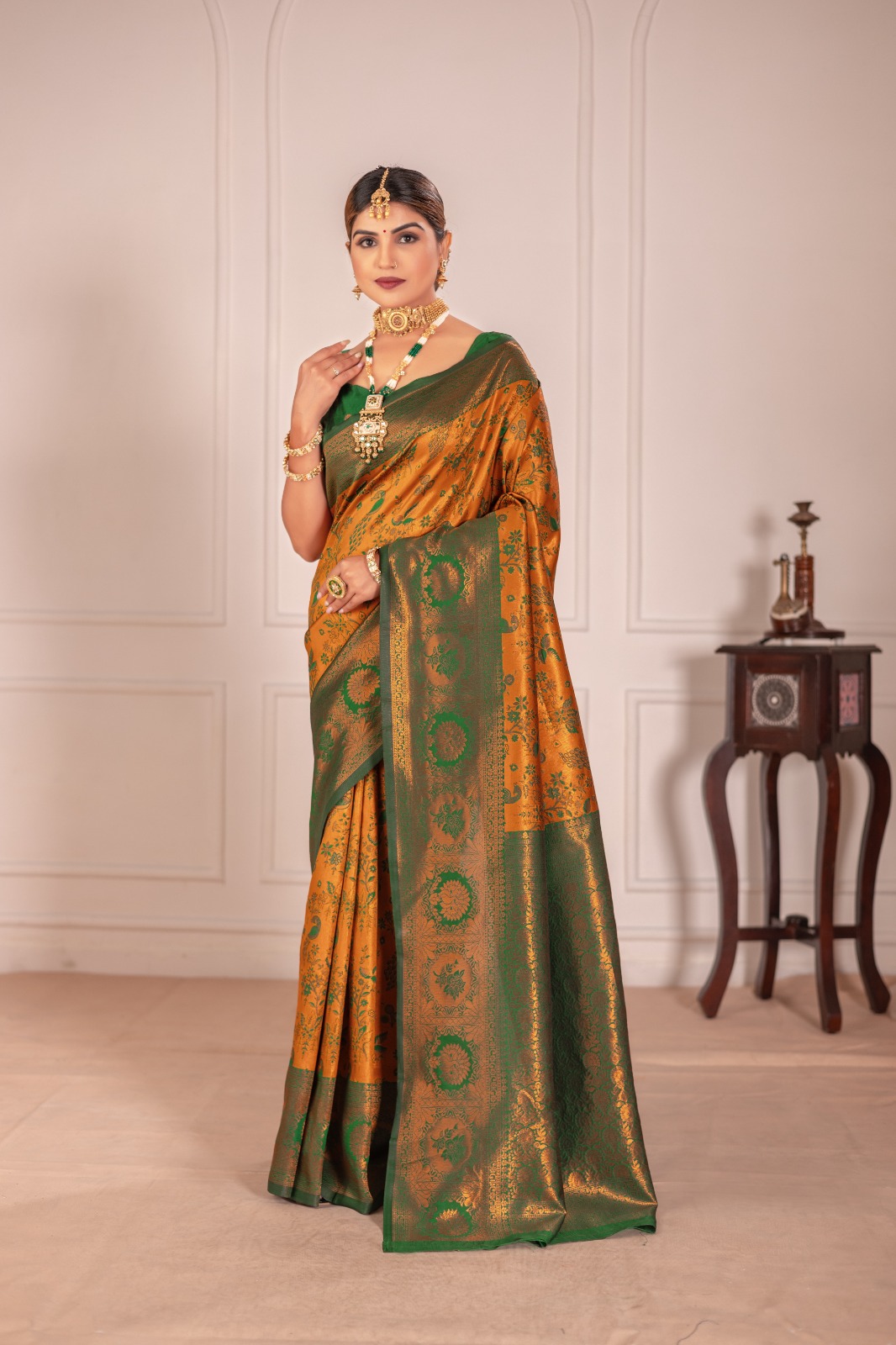 Gold Banarasi Silk Rich Copper Zari Weaved Body Pallu Border Saree