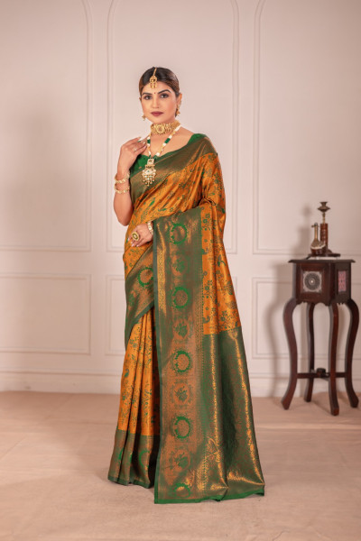 Image of Gold Banarasi Silk Rich Copper Zari Weaved Body Pallu Border Saree