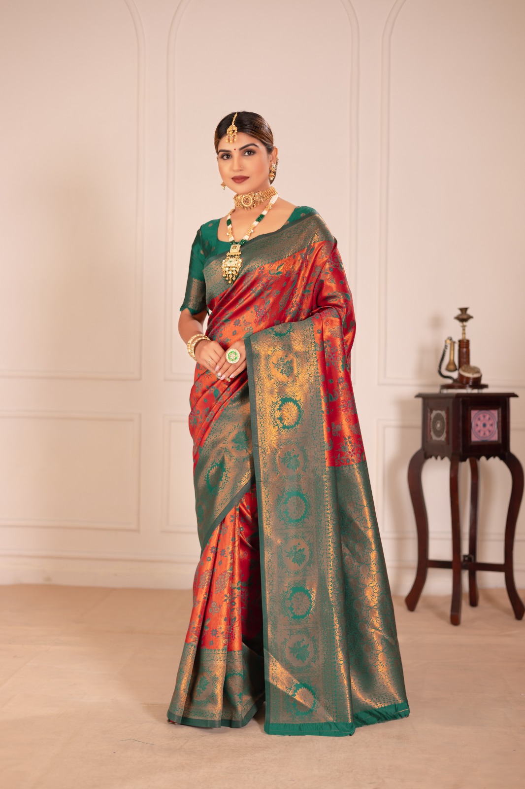 Orange Rust Banarasi Silk Rich Copper Zari Weaved Body Pallu Border Saree