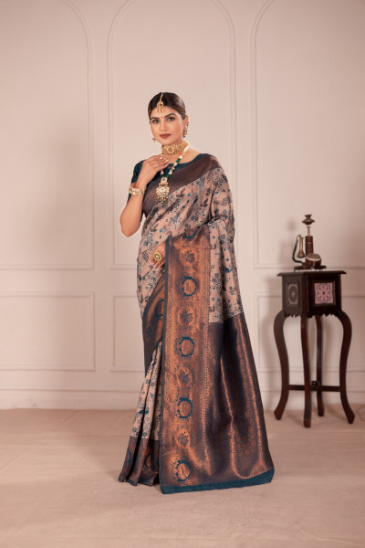 Image of Light Cream Banarasi Silk Rich Copper Zari Weaved Body Pallu Border Saree