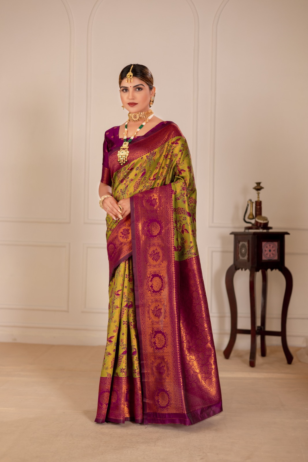 Mehendi Green Banarasi Silk Rich Copper Zari Weaved Body Pallu Border Saree