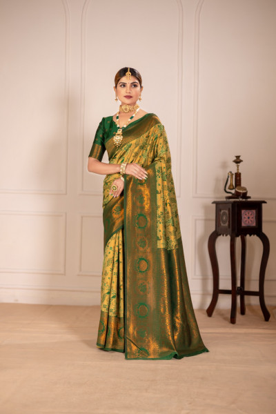 Image of Mustard Yellow Banarasi Silk Rich Copper Zari Weaved Body Pallu Saree