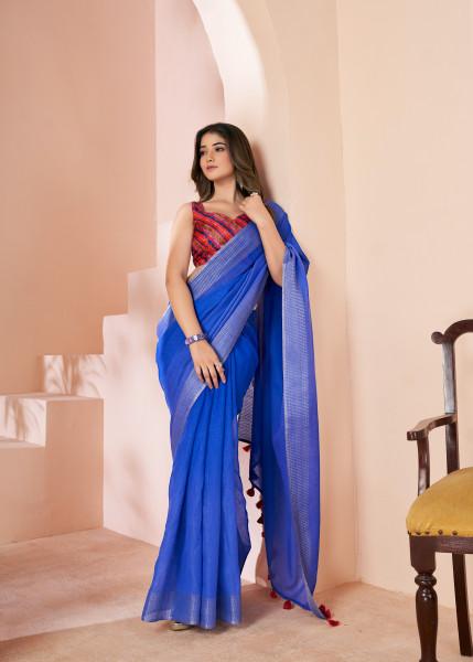 Image of Royal Blue Pure Linen Shaded Printed Saree With Blouse Piece