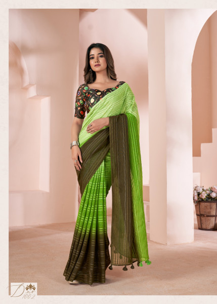 Image of Lime Green Pure Linen Shaded Printed Saree With Blouse Piece