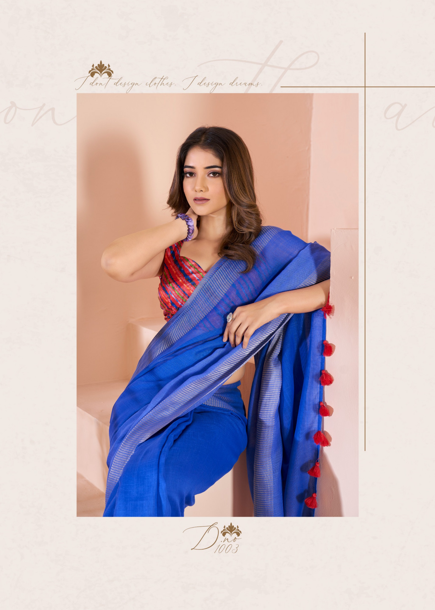 Royal Blue Pure Linen Shaded Printed Saree With Blouse Piece