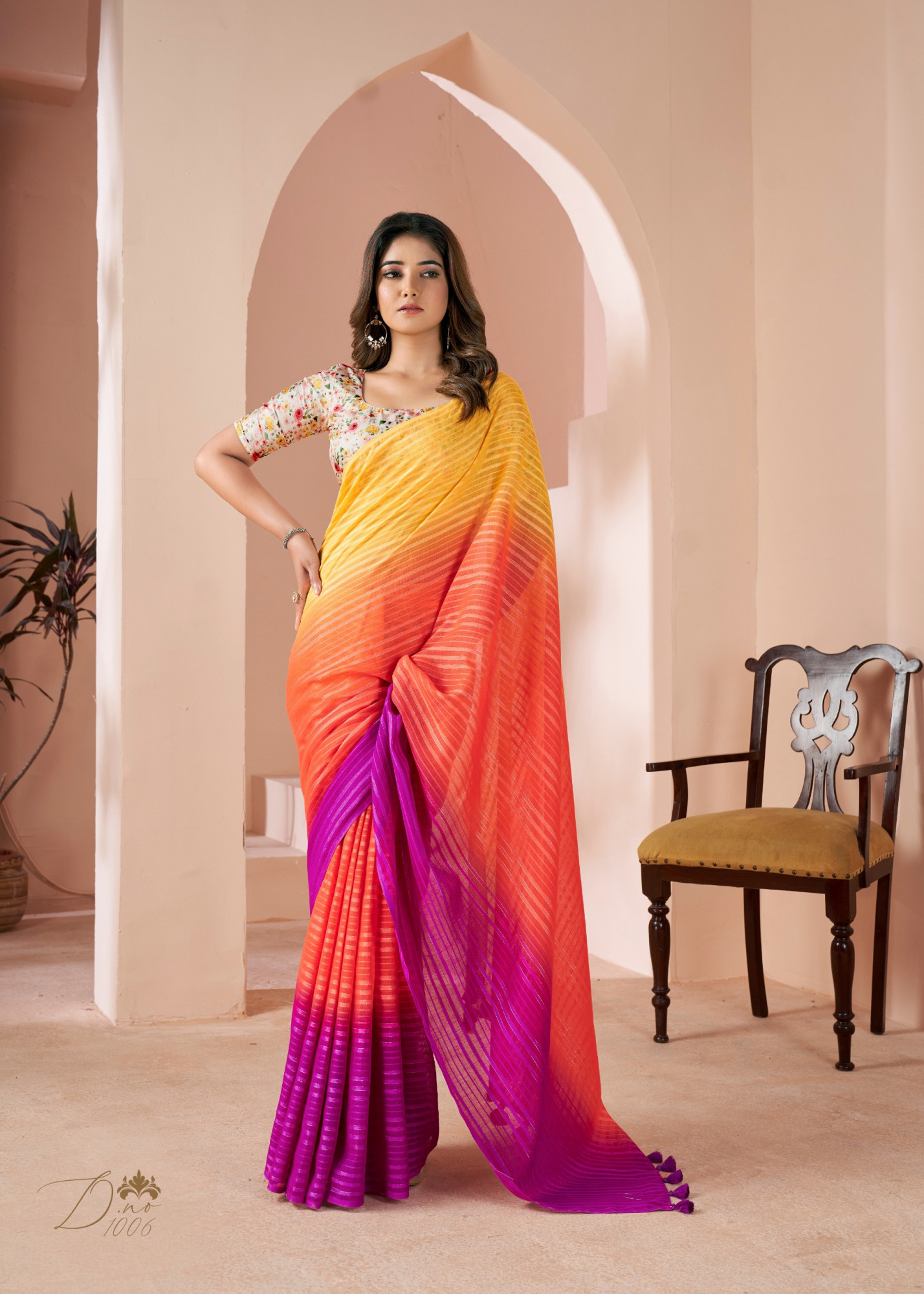 Orange Purple Pure Linen Shaded Printed Saree With Blouse Piece