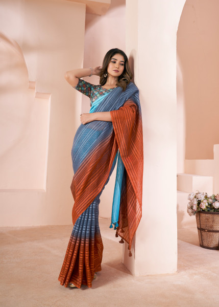 Image of Gray Brown Pure Linen Shaded Printed Saree With Blouse Piece