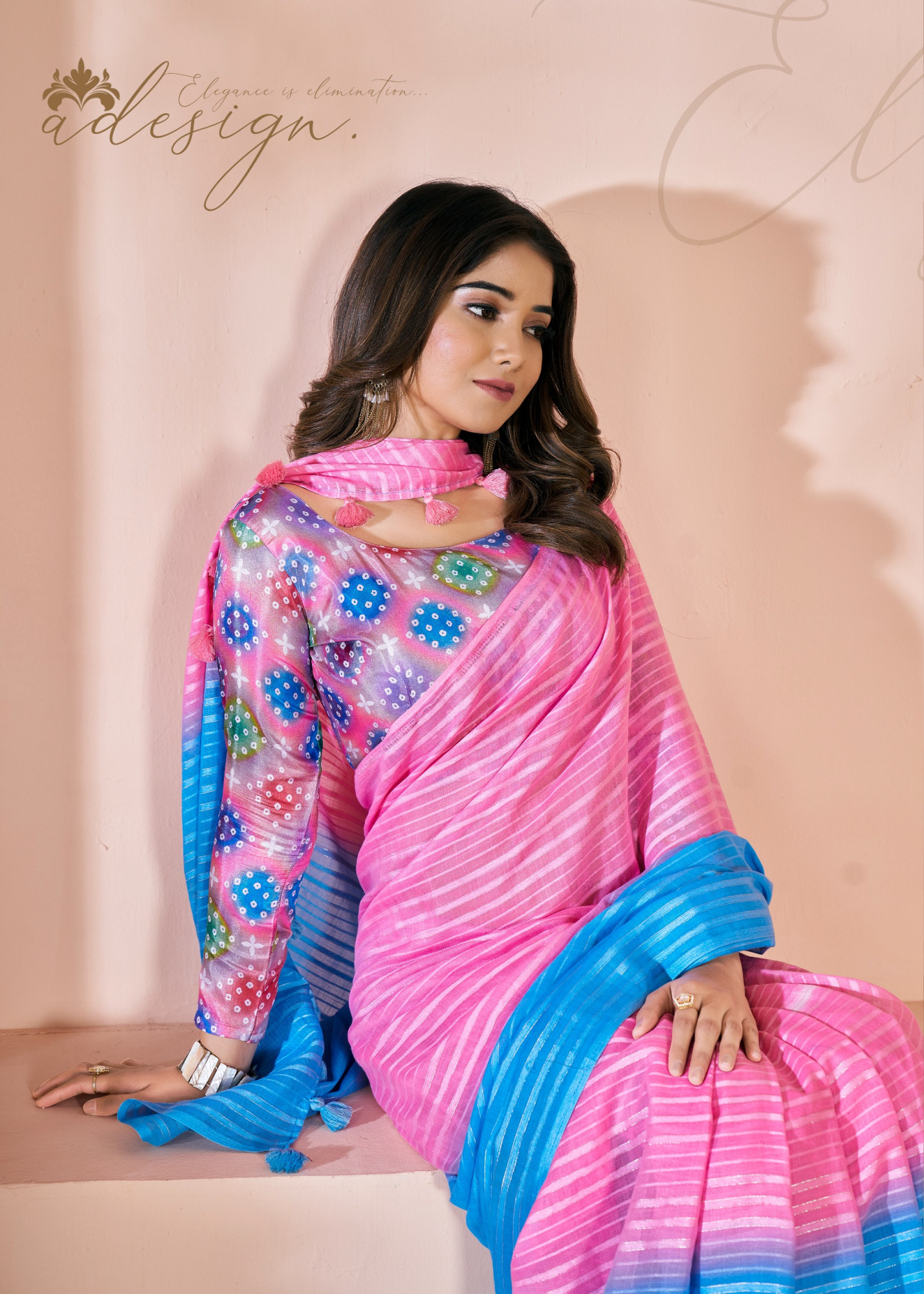 Pink Pure Linen Shaded Printed Saree With Blouse Piece