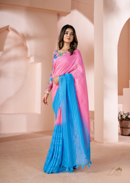Image of Pink Pure Linen Shaded Printed Saree With Blouse Piece
