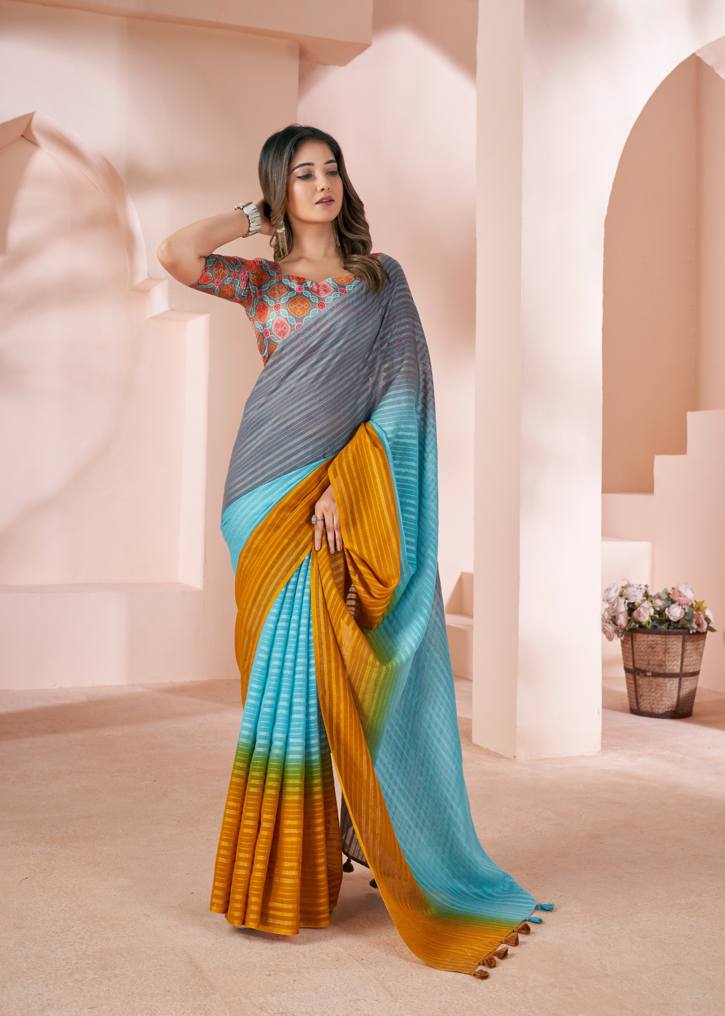 Sky Blue Mustard Pure Linen Shaded Printed Saree With Blouse Piece