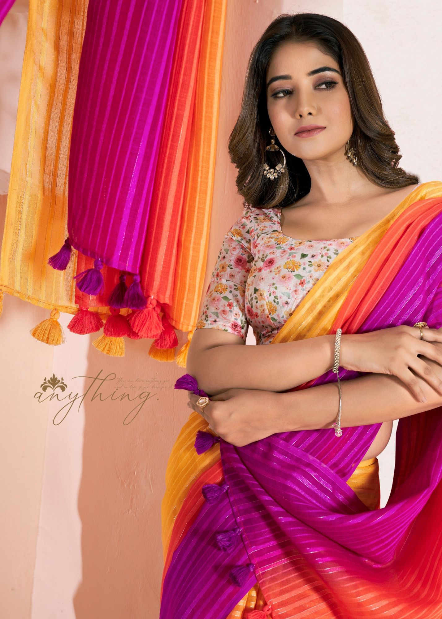 Orange Purple Pure Linen Shaded Printed Saree With Blouse Piece
