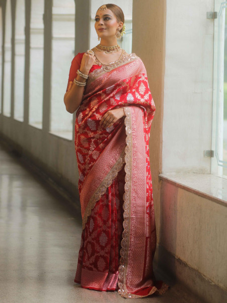 Image of Red Banarasi Katan Silk Rich Zari Weaved Designer Lace Border Saree