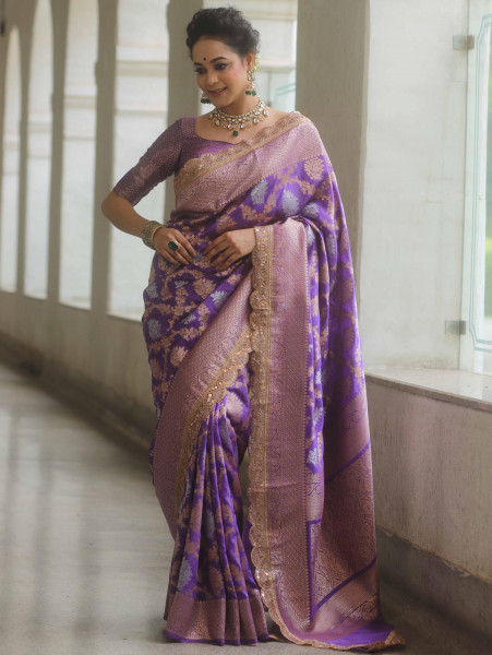 Image of Purple Banarasi Katan Silk Rich Zari Weaved Designer Lace Border Saree