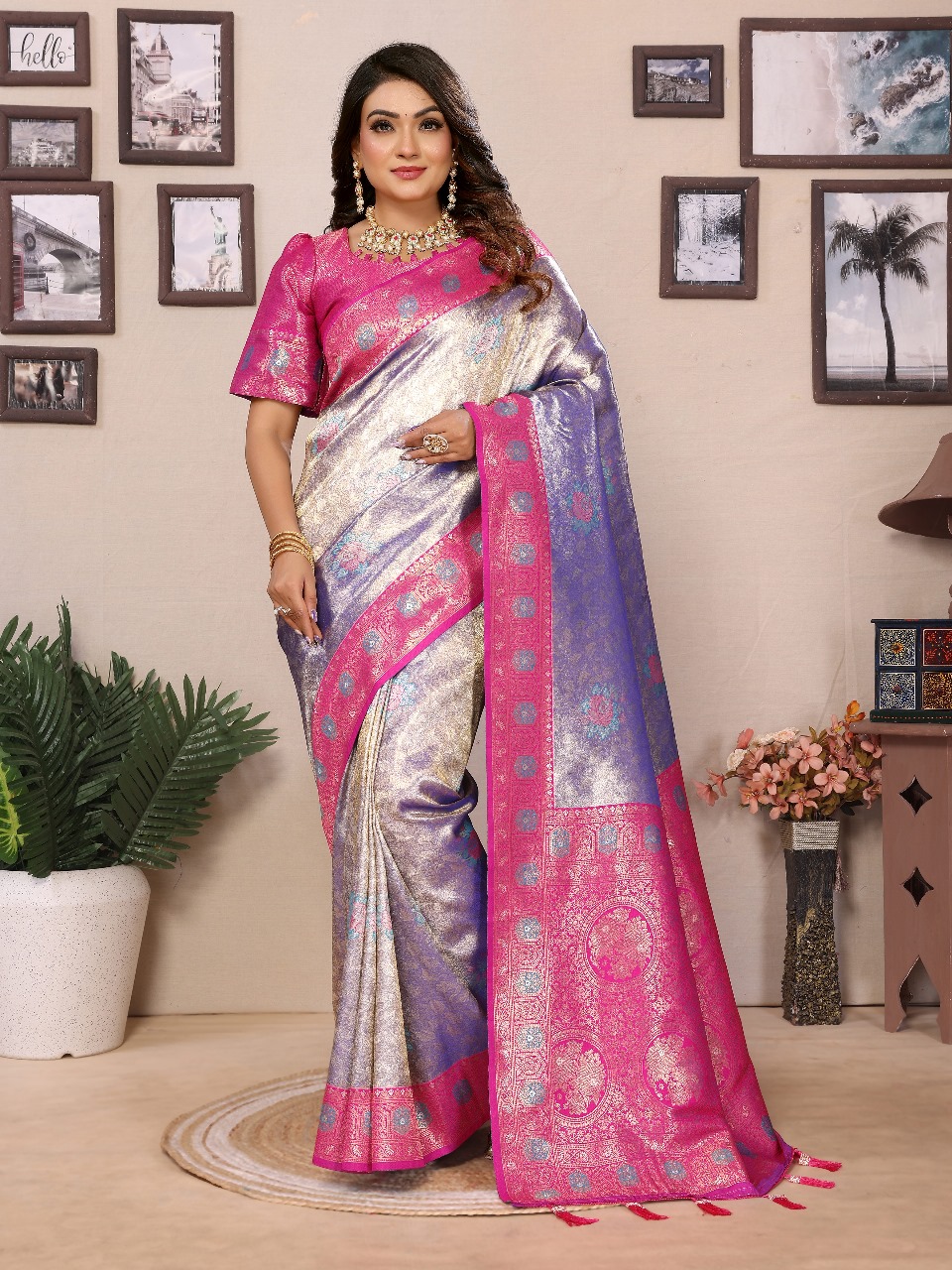 Lavender Premium Pure Banarasi Tissue Silk Rich Zari Weaved Pallu Paithani Border Saree