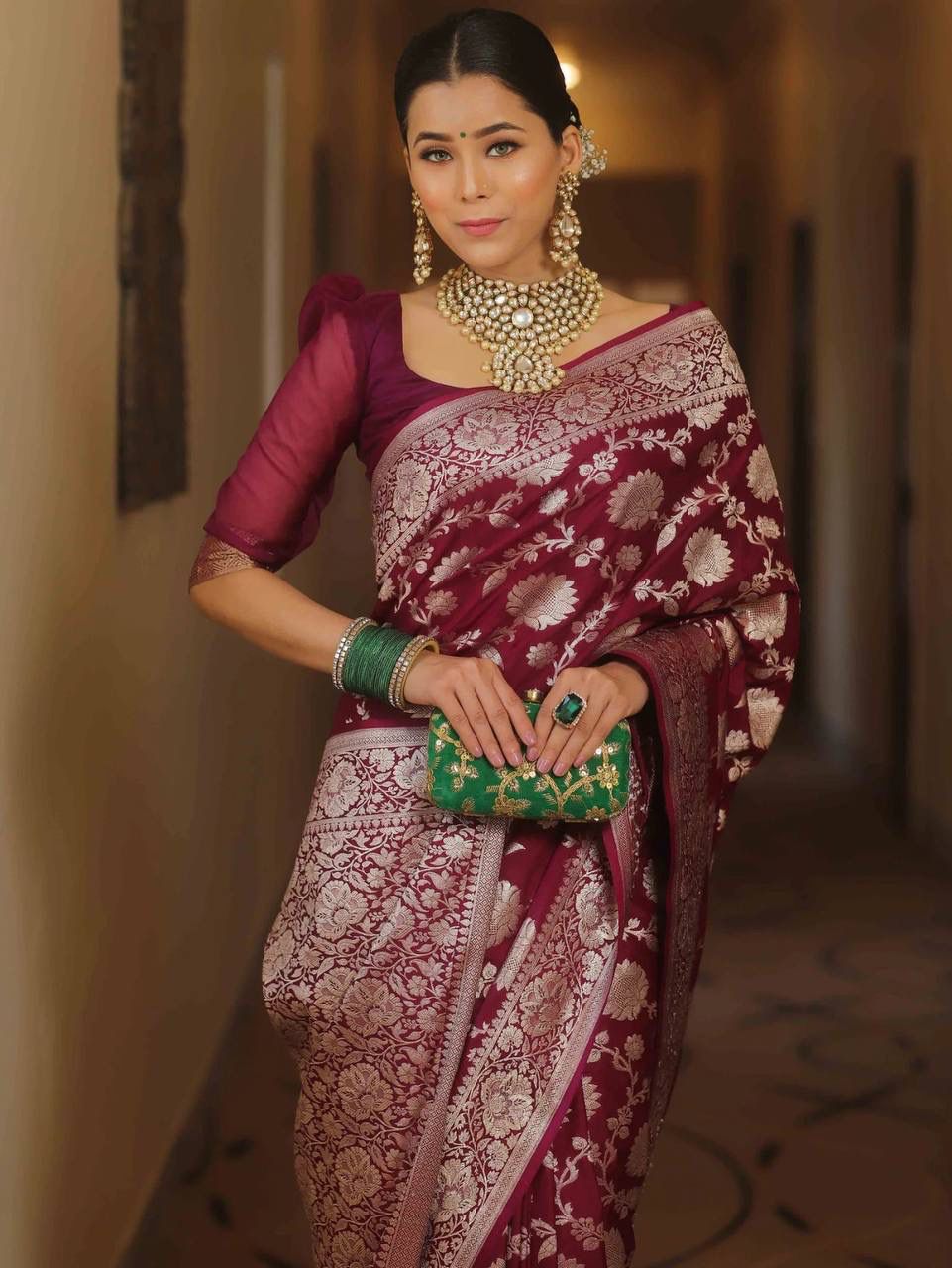 Wine Banarasi Silk Rich All Over Floral Silver Zari Weaved Saree