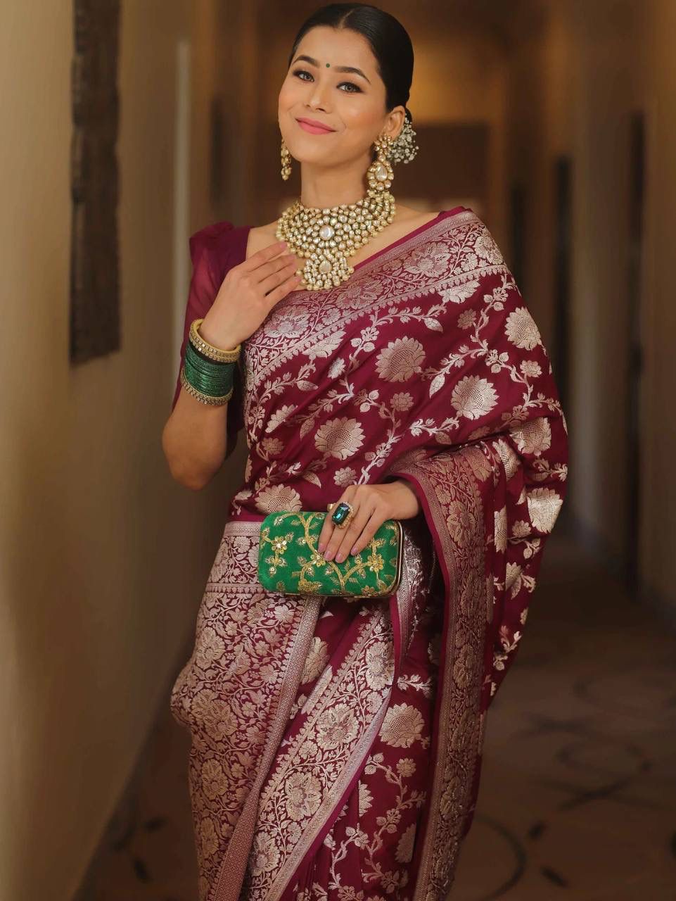 Wine Banarasi Silk Rich All Over Floral Silver Zari Weaved Saree