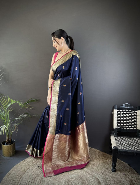 Image of Navy Blue Banarasi Silk Zari Weaved Boota All Over Rich Meenakri Pallu Border Saree