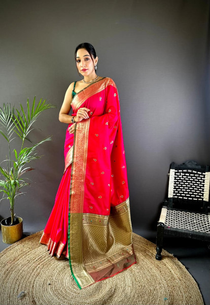 Image of Raani Banarasi Silk Zari Weaved Boota All Over Rich Meenakri Pallu Border Saree